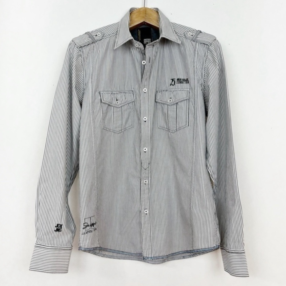 Jack & Jones Men’s Black‎ and White Striped Long Sleeve Shirt Size Large Pockets